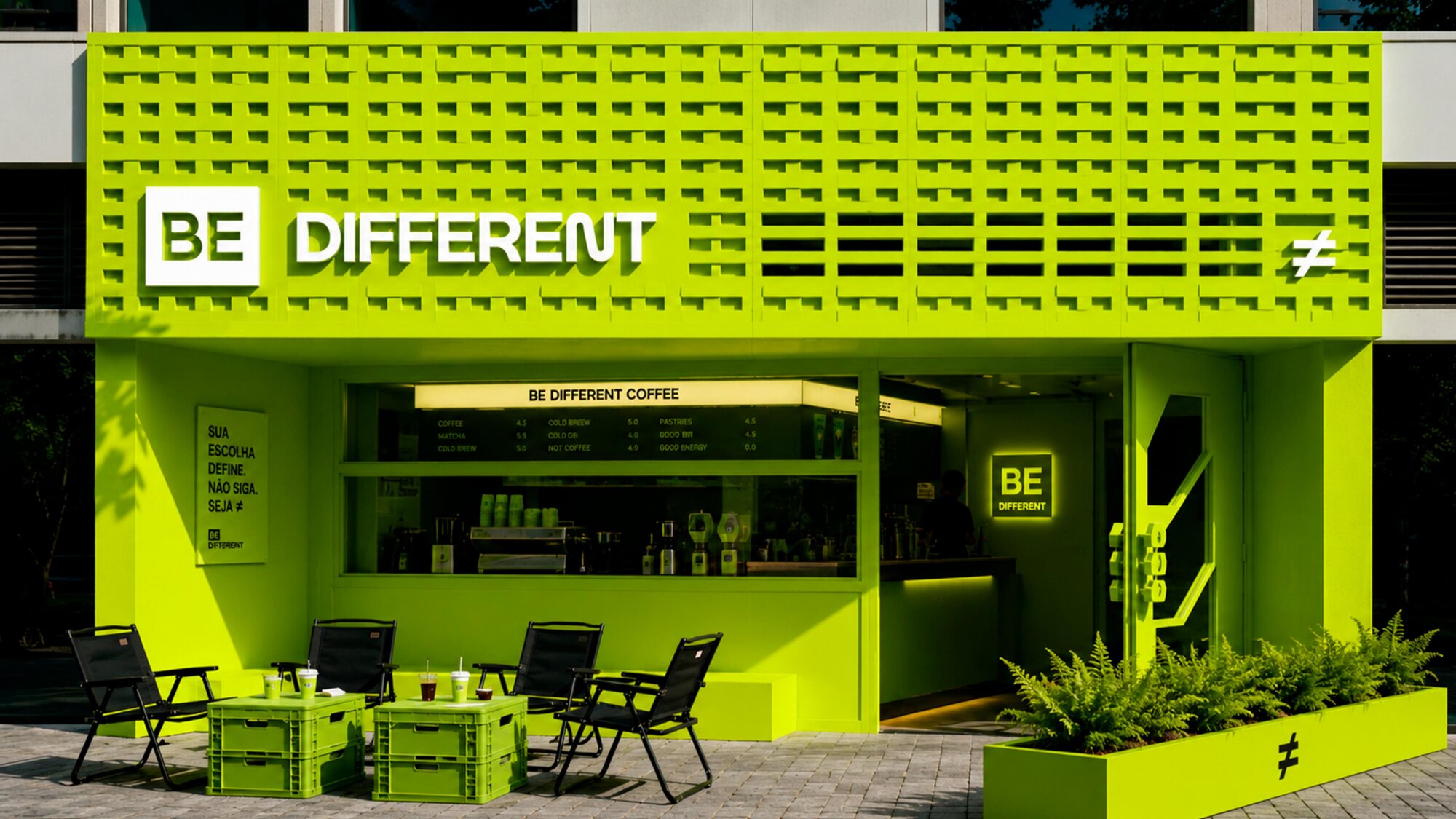 Fachada da cafeteria Be Diferente com identidade visual em verde-limão