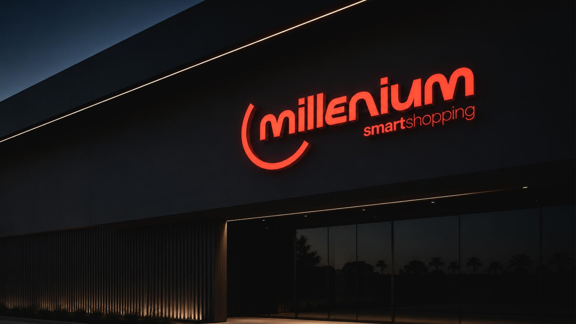 Fachada noturna com o letreiro neon da nova marca Millennium